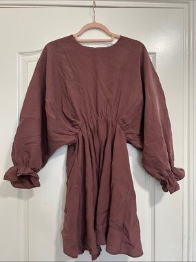 Women's Gathered Waist Long Sleeve Dress - Mauve Brown